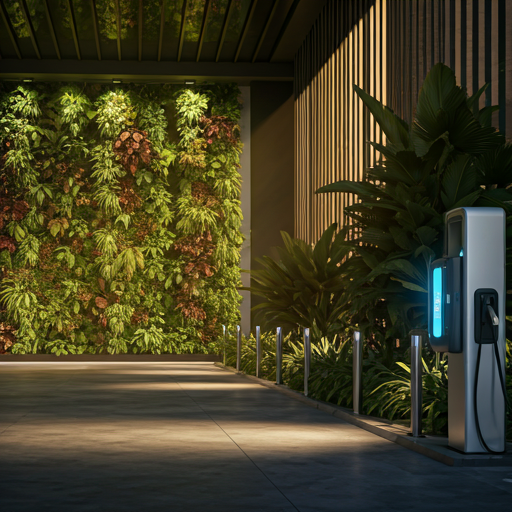 high-tech electric car charging station in a sleek modern architectural setting