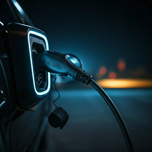 Detailed close up of an electric car charging port with a premium cable connected at night with ambient lighting