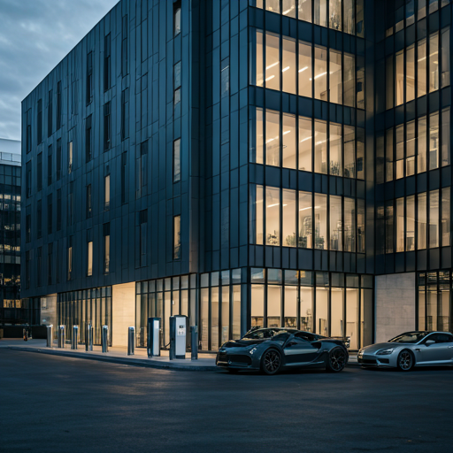 Bâtiment de bureaux d'entreprise moderne au crépuscule avec des stations de recharge pour véhicules électriques élégantes et des voitures de luxe au premier plan