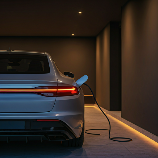 Modern high-end electric vehicle charging at home in a minimalist luxury garage with warm architectural lighting