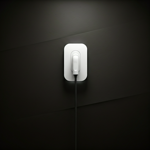 High-tech minimalist white electric vehicle charger mounted on a dark textured wall