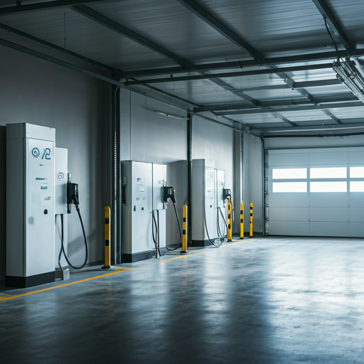 Intérieur d'un garage d'entreprise moderne avec des chargeurs de véhicules électriques élégants et de marque, ainsi qu'une signalétique professionnelle de l'entreprise