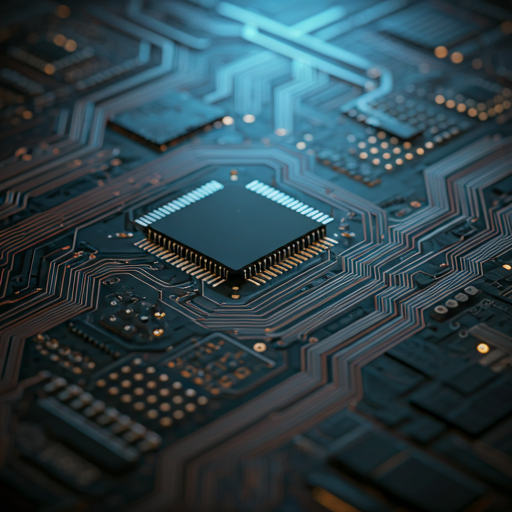 Macro photographie d'un circuit imprimé futuriste avec des chemins d'énergie numérique