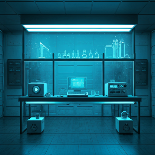 Laboratoire technologique futuriste propre avec un éclairage bleu doux