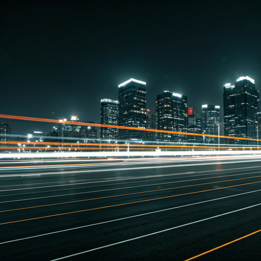 Réseau de traînées lumineuses à travers une ville moderne représentant la connectivité